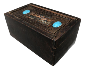 Vintage Rosewood Puzzle Box With Turquoise Inlay & Hidden Lock Mechanism