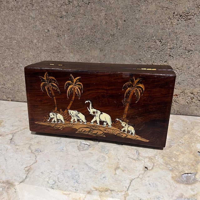 1950s Exotic Wood Inlay Box Elephant Palm Tree For Sale In San Diego - Image 6 of 9
