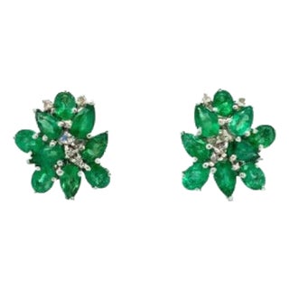 Floral Natural Emerald and Diamond Stud Earrings for Her in 925 Silver, A Pair For Sale