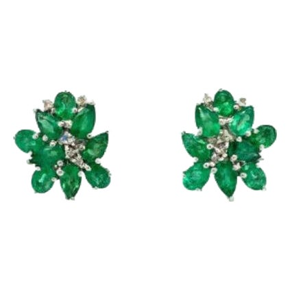 Floral Natural Emerald and Diamond Stud Earrings for Her in 925 Silver, A Pair For Sale