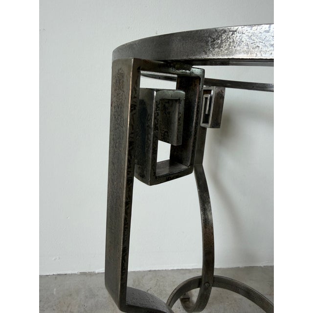 Vintage Art Deco Style Hand-Wrought Iron & Green Marble Side Table With Greek Key Motifs For Sale - Image 4 of 12