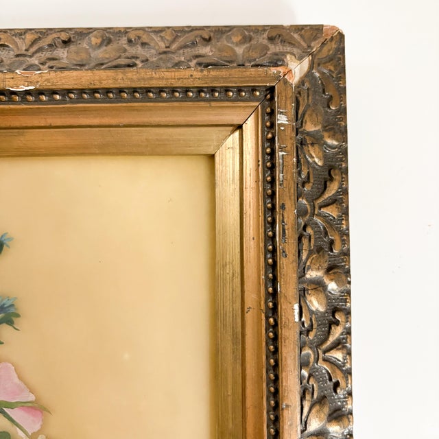 Antique 1920's Floral Painting on Glass, Gilt Gold Framed Flower Painting on Glass For Sale - Image 10 of 11