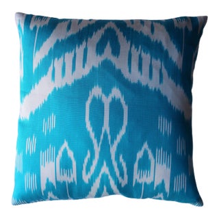 Contemporary Blue Ikat Decorative Pillow For Sale