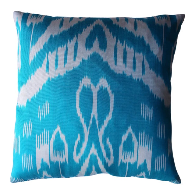 Contemporary Blue Ikat Decorative Pillow For Sale