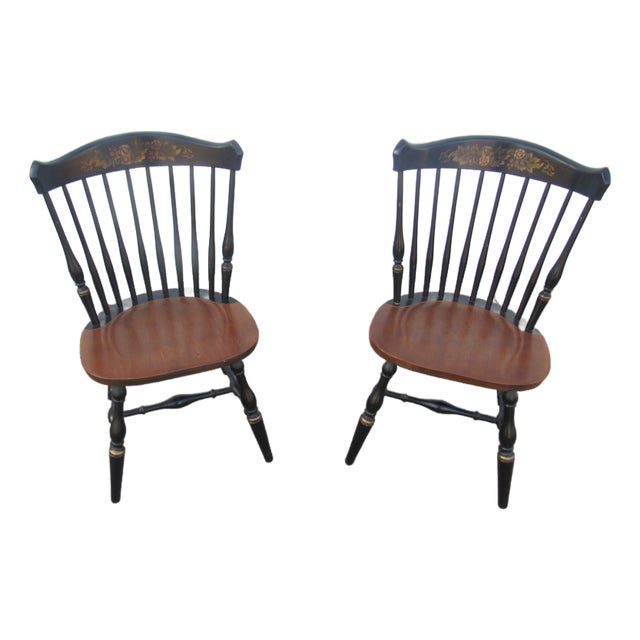 1980s Pair Hitchcock Chairs Farmhouse Black Signed Designer For Sale