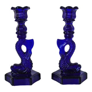 Vintage Cobalt Blue Koi / Dolphin Candle Holders - a Pair For Sale