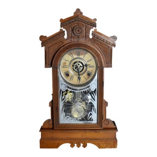 Antique Gilbert Ersa Walnut Parlor Mantel Clock Spider Web Glass With Key For Sale