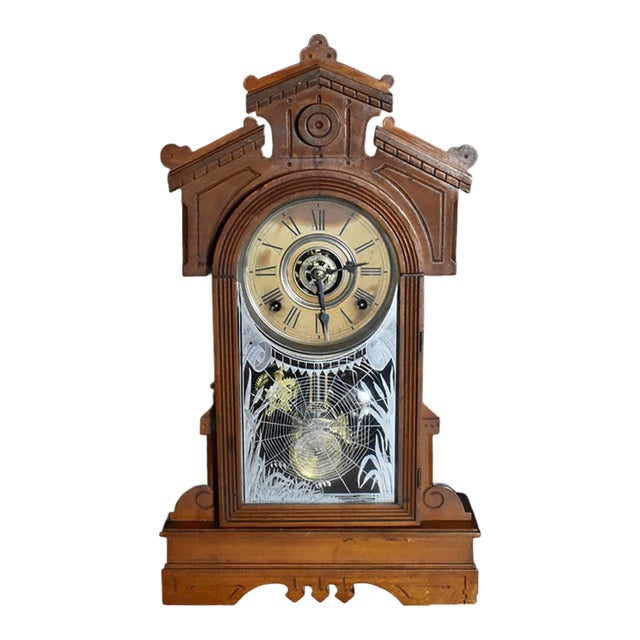 Antique Gilbert Ersa Walnut Parlor Mantel Clock Spider Web Glass With Key For Sale