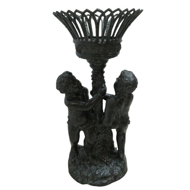 Vintage Bronze Frolicking Boys Statue Italian Regency French Urn Planter For Sale - Image 4 of 12