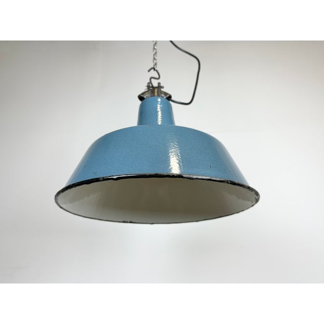 Paint Industrial Blue Enamel Factory Lamp with Cast Iron Top, 1960s For Sale - Image 7 of 14