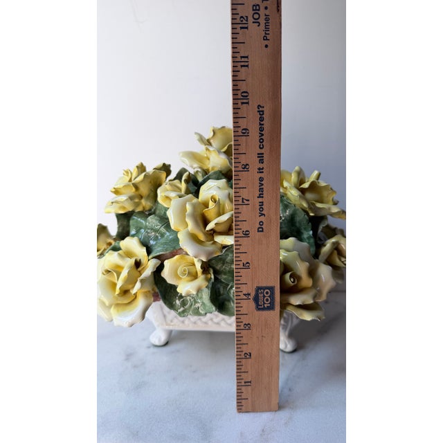 Yellow Vintage Italian Capodimonte-Style Porcelain Floral Arrangement Yellow Roses and Green Leaves Set Inside a White Textured Ceramic Basket. For Sale - Image 8 of 16