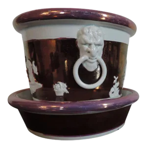 Early 19th Century English Regency Pink Luster Pearlware Flower Root Pot Planter & Stand - 2 Pieces