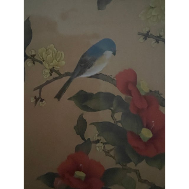 Asian Chinoiserie Original Painting Bird With Flowers Signed For Sale - Image 3 of 9