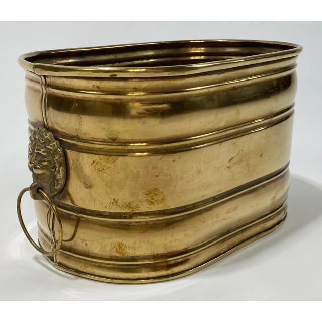 English Vintage Oval Brass Lion Handled Planter For Sale - Image 3 of 8