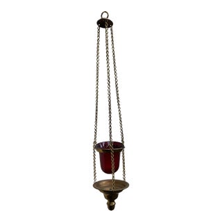 Vintage 1910s Brass and Cranberry Glass Hanging Candle Holder For Sale