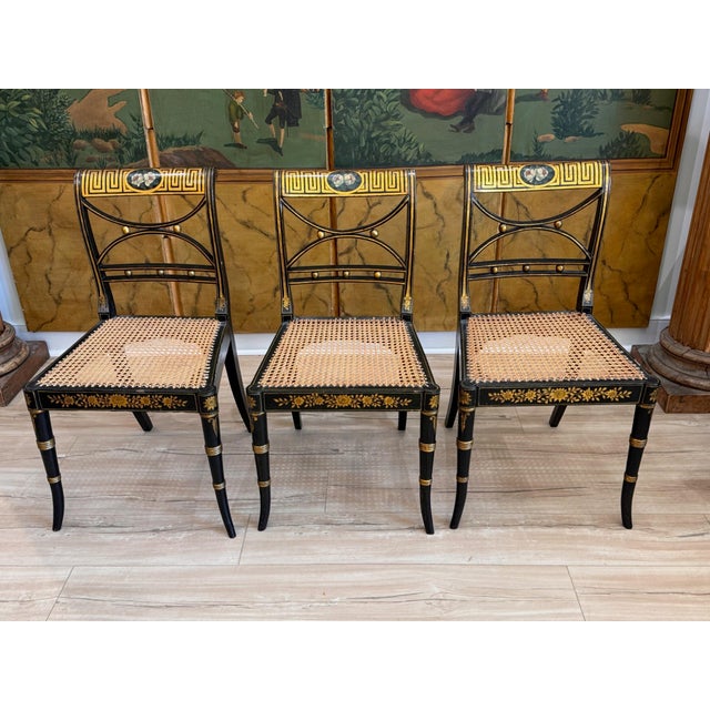 Set of Four English Regency Black Lacquer Dining Chairs With Gilt Decoration For Sale - Image 4 of 16