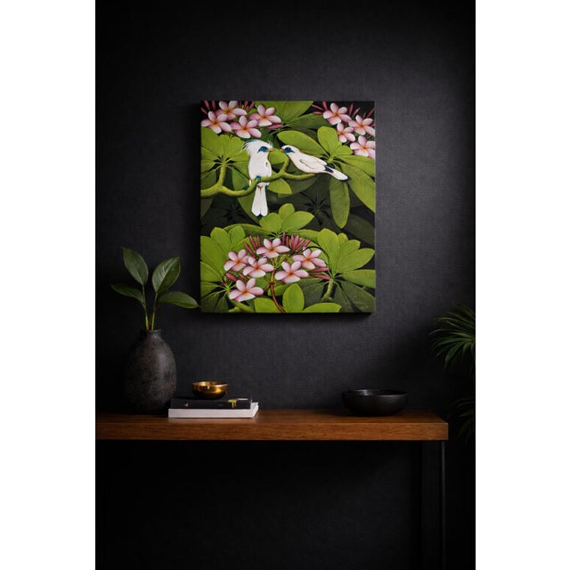 Flora Fauna Birds & Pink Plumeria Acrylic on Canvas Painting For Sale - Image 4 of 4