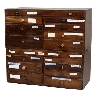 Vintage Hungarian Wooden Tool Cabinet Apothecary Chest with Labeled Drawers, 1950s For Sale