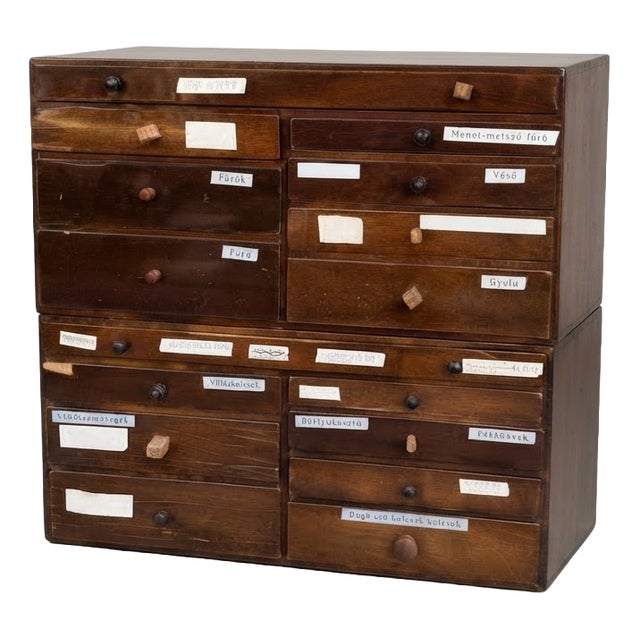 Vintage Hungarian Wooden Tool Cabinet Apothecary Chest with Labeled Drawers, 1950s For Sale