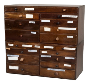 Vintage Hungarian Wooden Tool Cabinet Apothecary Chest with Labeled Drawers, 1950s