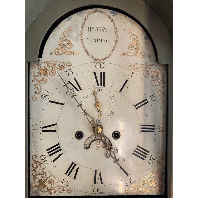English 18th Century Georgian Era English Grandfather Clock in Green Painted Case For Sale - Image 3 of 11