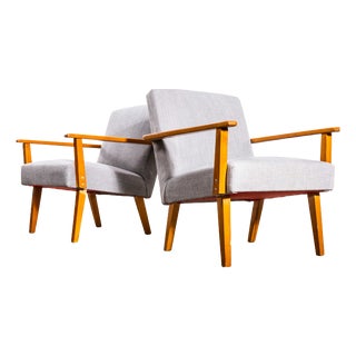 Mid-Century Grey Brushed Cotton Upholstered Armchair with Straight Arms and Top Caps, 1950s For Sale