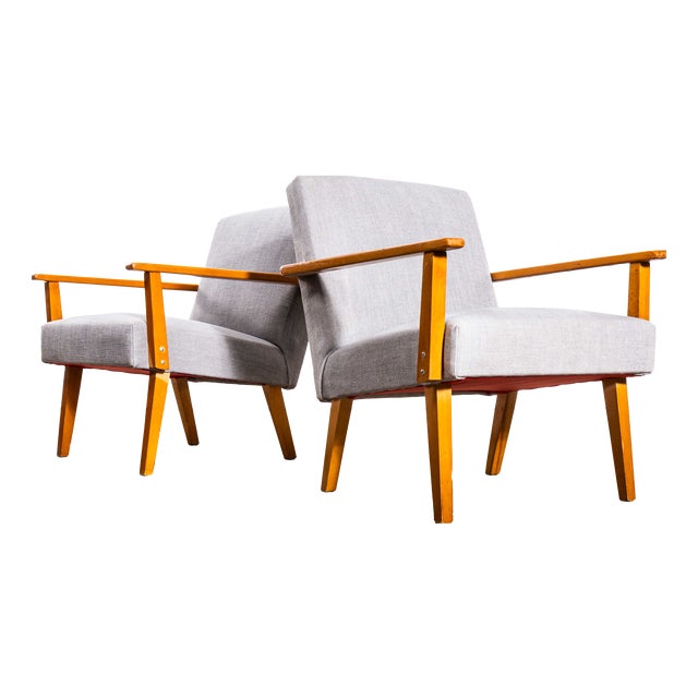 Mid-Century Grey Brushed Cotton Upholstered Armchair with Straight Arms and Top Caps, 1950s For Sale