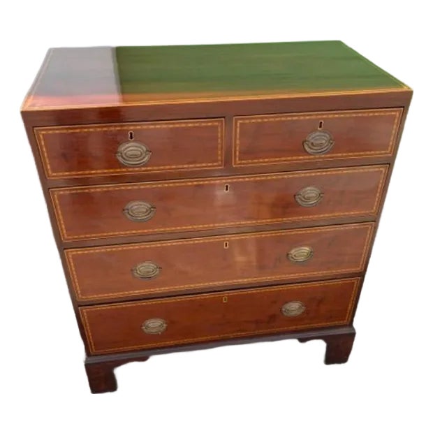 English Antique Mahogany Five Chest of Drawer Satinwood Inlay on Bracket Feet. For Sale