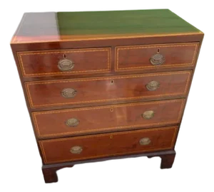 English Antique Mahogany Five Chest of Drawer Satinwood Inlay on Bracket Feet.