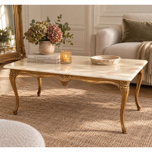 Louis XV Style Coffee Table in Gilt Bronze with Veined Marble Top, 1950s For Sale - Image 6 of 8