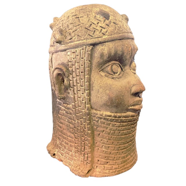 1970s Vintage Large Ife Clay / Terracotta King Oba Head Edo People Nigeria African 13" H For Sale - Image 5 of 11