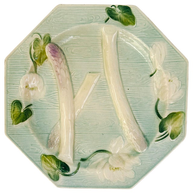 Ceramic French Art Nouveau Water Lily Asparagus Majolica Plate, Circa 1890 For Sale - Image 7 of 7