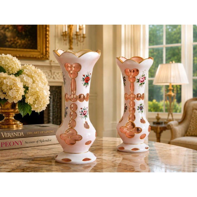 A beautifully preserved pair of antique hand-blown Bohemian cased art glass vases, featuring a luminous white exterior...