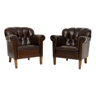 Antique Swedish Leather Club Armchairs, 1900s, Set of 2 For Sale