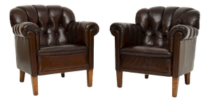 Antique Swedish Leather Club Armchairs, 1900s, Set of 2