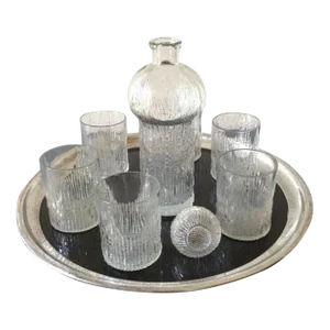 Vintage Art Deco Pressed Glasses, Decanter & Round Set - 8 Pieces