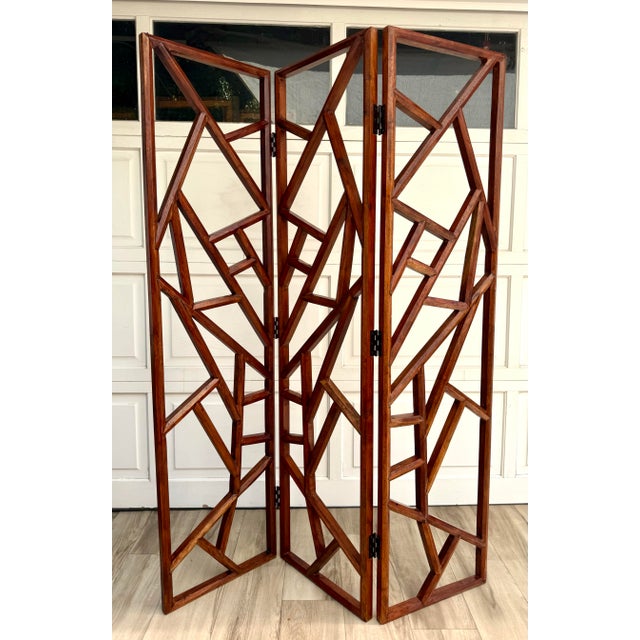 Organic Modern Geometric Wood Three-Panel Folding Screen Room Divider For Sale - Image 10 of 10
