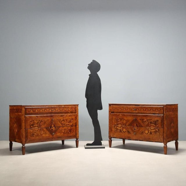 A pair of Lombard neoclassical chests of drawers, dating to the last quarter of the 18th century, characterized by a...