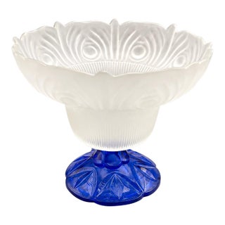 Vintage Frosted Glass Pedestal Bowl With Cobalt Blue Base For Sale