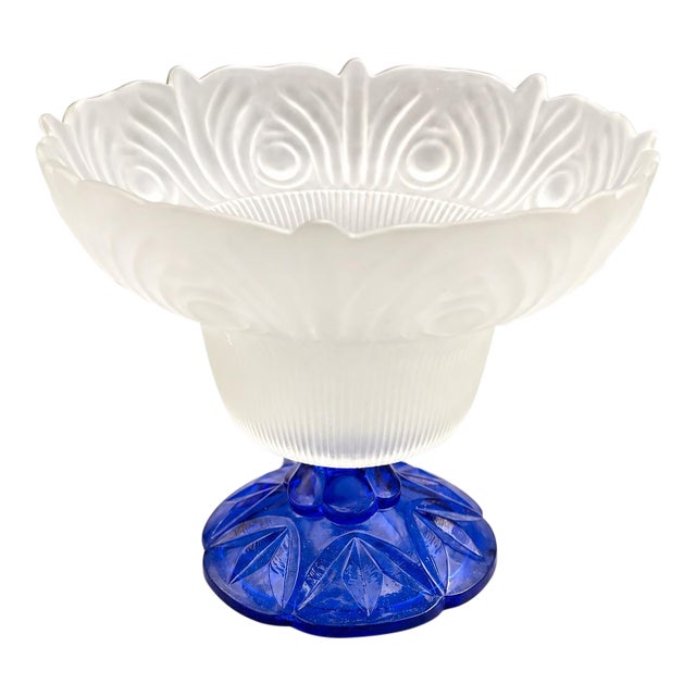 Vintage Frosted Glass Pedestal Bowl With Cobalt Blue Base For Sale