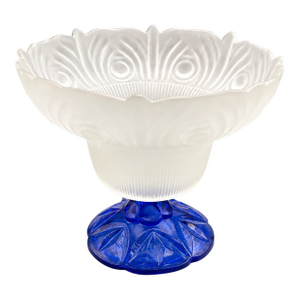 Vintage Frosted Glass Pedestal Bowl With Cobalt Blue Base