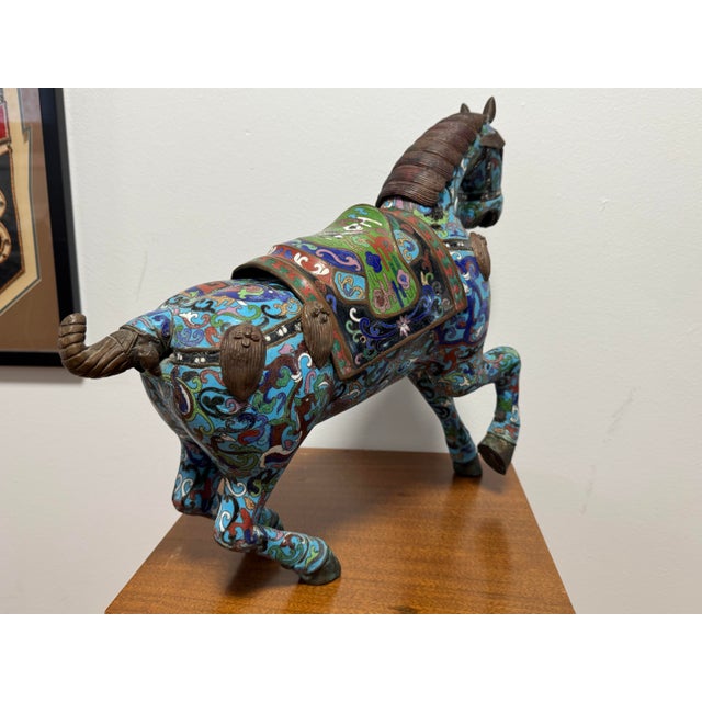 Metal Antique Chinese Cloisonné Prancing Horse Sculpture | Large Republic Period Bronze & Enamel Figurine | Turquoise Scrollwork | 18" Asian Art For Sale - Image 7 of 12