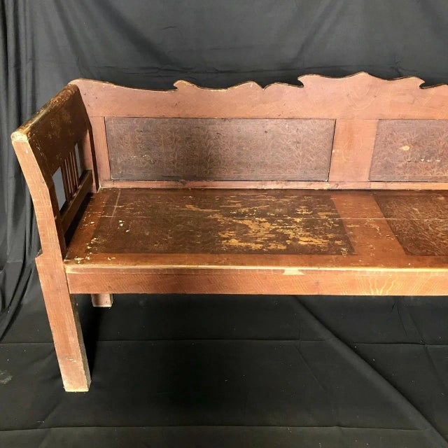 Antique European faux painted sofa bench with pretty shaped top and wonderful worn patina that can easily grace an entry...