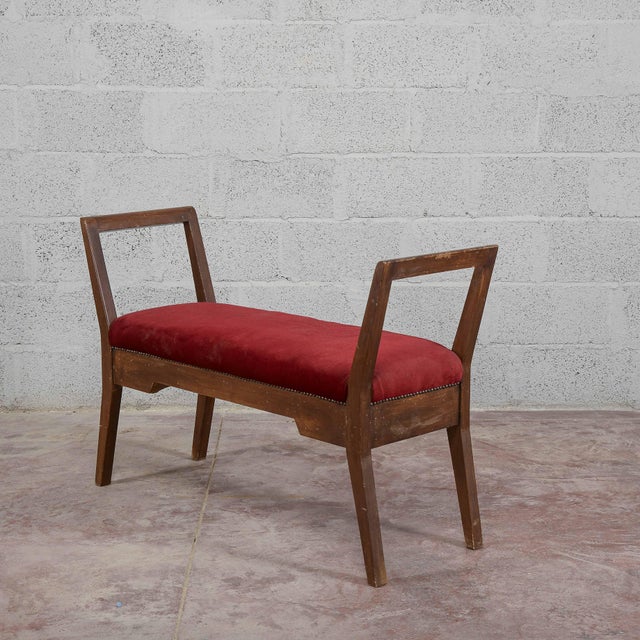 Small Wooden Bench Upholstered in Red Art Deco Velvet, 1940s For Sale - Image 14 of 18