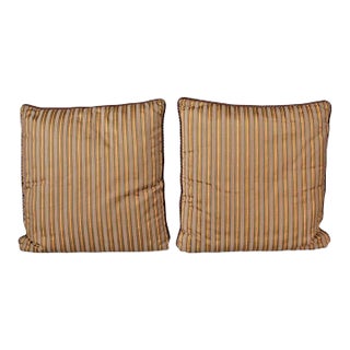 Striped Pillows with Leather Piping - a Pair For Sale