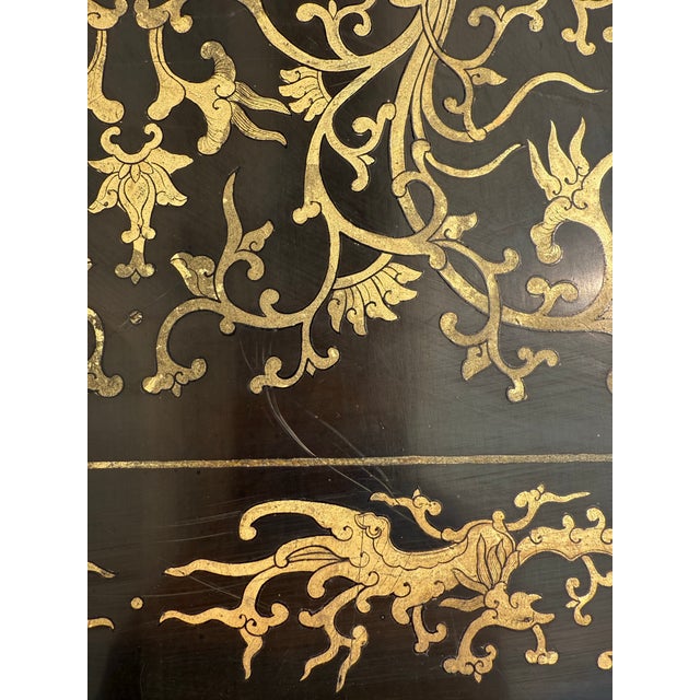 Chinoiserie Asian Black Lacquer and Gold Trunk Chest For Sale - Image 11 of 12