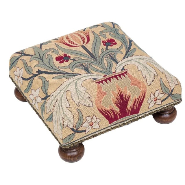 Tapestry Footstools with bun-feet and traditional-style studding.