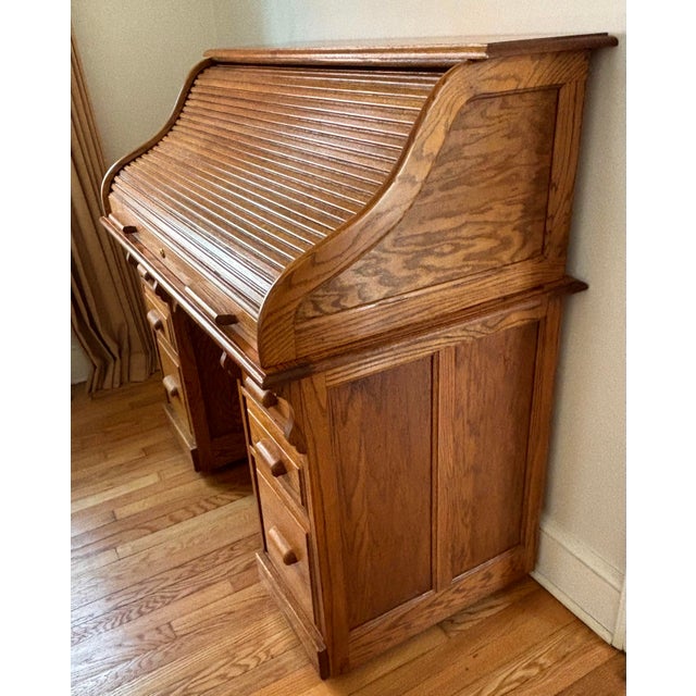 American Mid 20th Century Arts & Crafts Raised Panel Oak S Roll Top Desk on Casters For Sale - Image 3 of 12