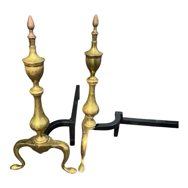Metal Pair 1920s Antique Brass Fireplace Andirons Queen Anne Style Firedogs For Sale - Image 7 of 16