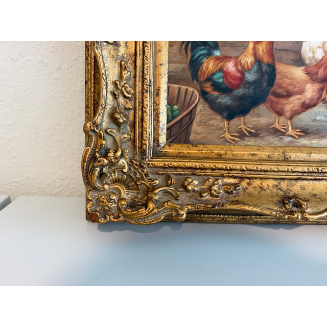 Vintage Signed Rooster and Chickens Oil Painting Farmyard Hen Scene, Gold Frame For Sale - Image 9 of 12